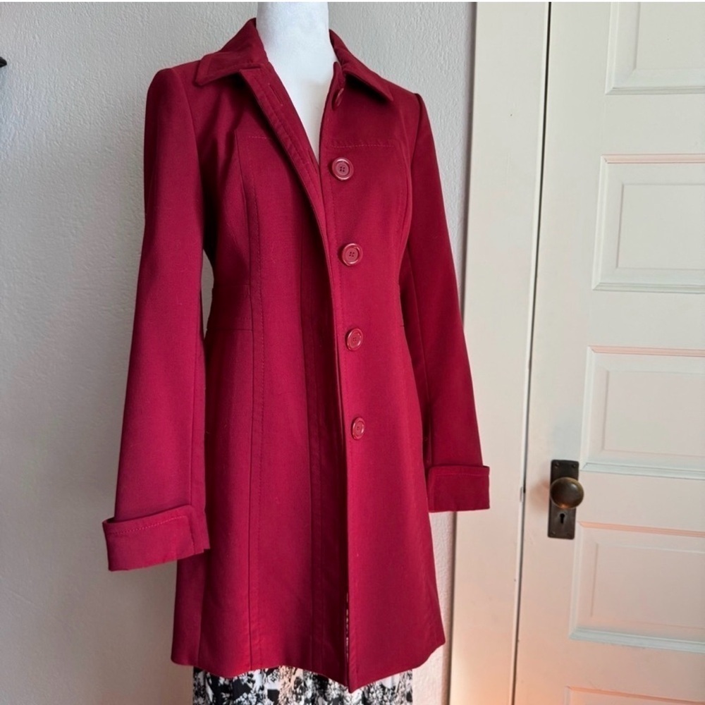 LOFT Cherry Red Trench Coat with Tailored Mid-Length Style - Picture 2 of 12